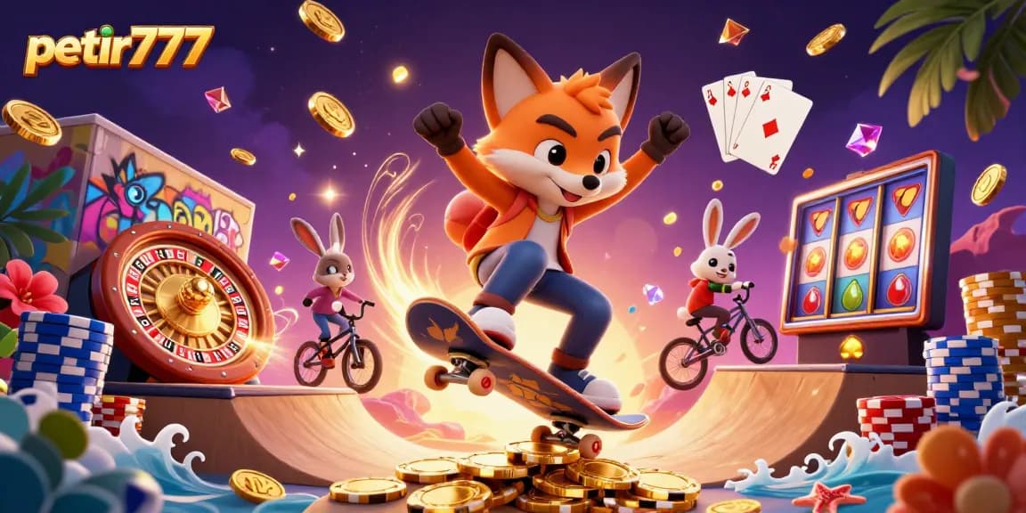 Join the petir777 adventure with a fox and rabbit in an exciting casino scene!