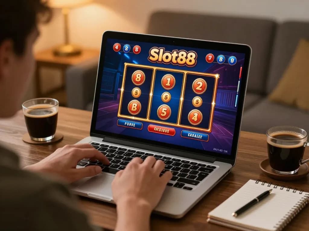 Player enjoying Slot88 online slots on a laptop, creating an immersive home gaming atmosphere.
