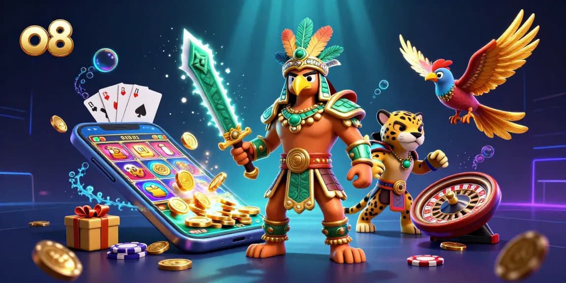 Engage with exciting slot games at o8 featuring an Aztec warrior and vibrant gaming elements.
