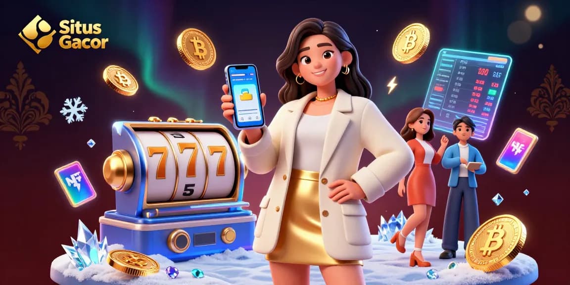 Situs Slot Gacor illustration featuring a charismatic Asian woman with a smartphone, showcasing dynamic slot gaming elements.