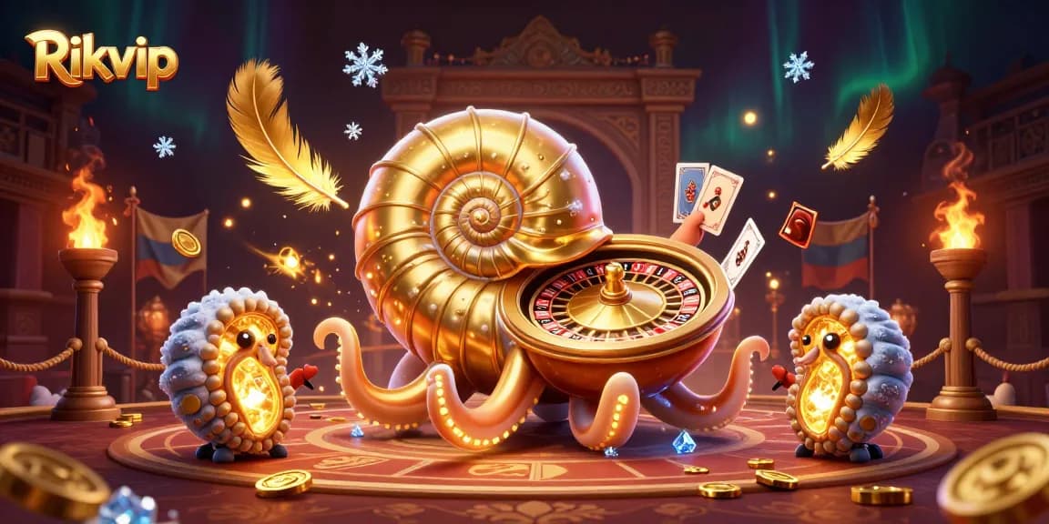 Engage in thrilling gameplay with Rikvip's giant nautilus roulette wheel and golden casino elements.