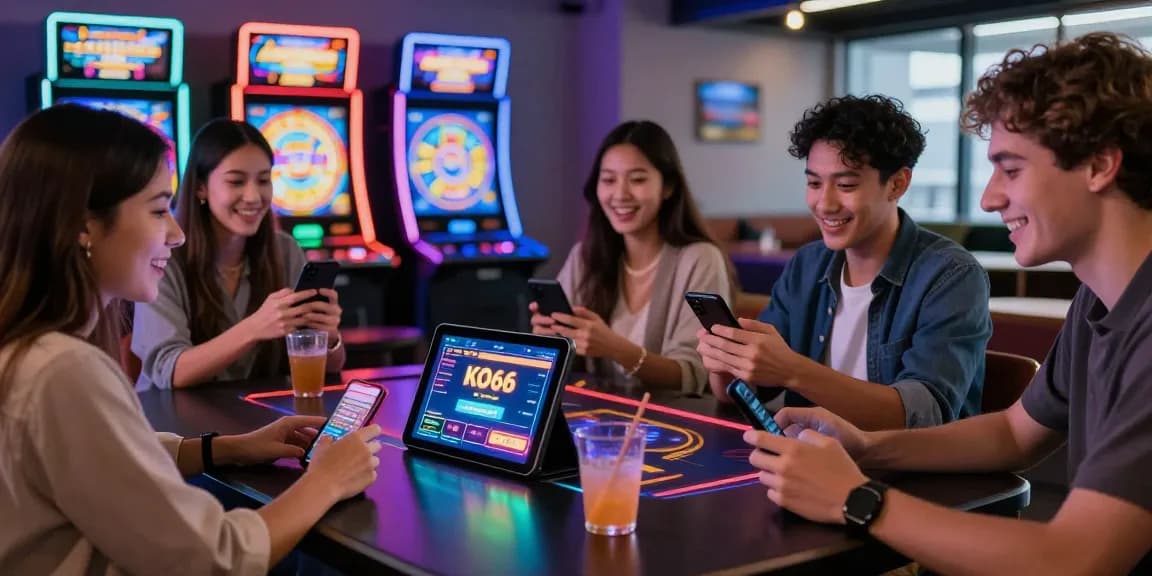 Exciting KO66 app gaming scene with young adults in a vibrant casino atmosphere.