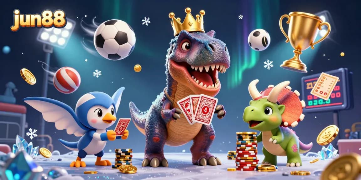 Experience thrilling gameplay at jun88 with a lively scene featuring a T-Rex shuffling cards and a pterodactyl assistant.
