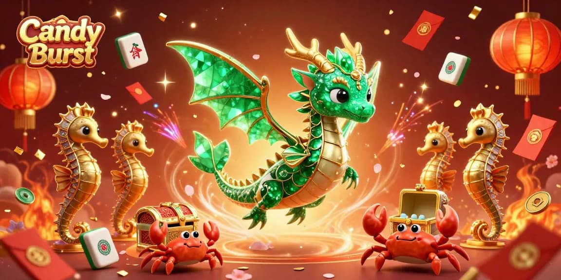 Candy Burst showcases a sea dragon and a treasure chest in a vibrant 3D casino illustration, filled with celebratory game elements.