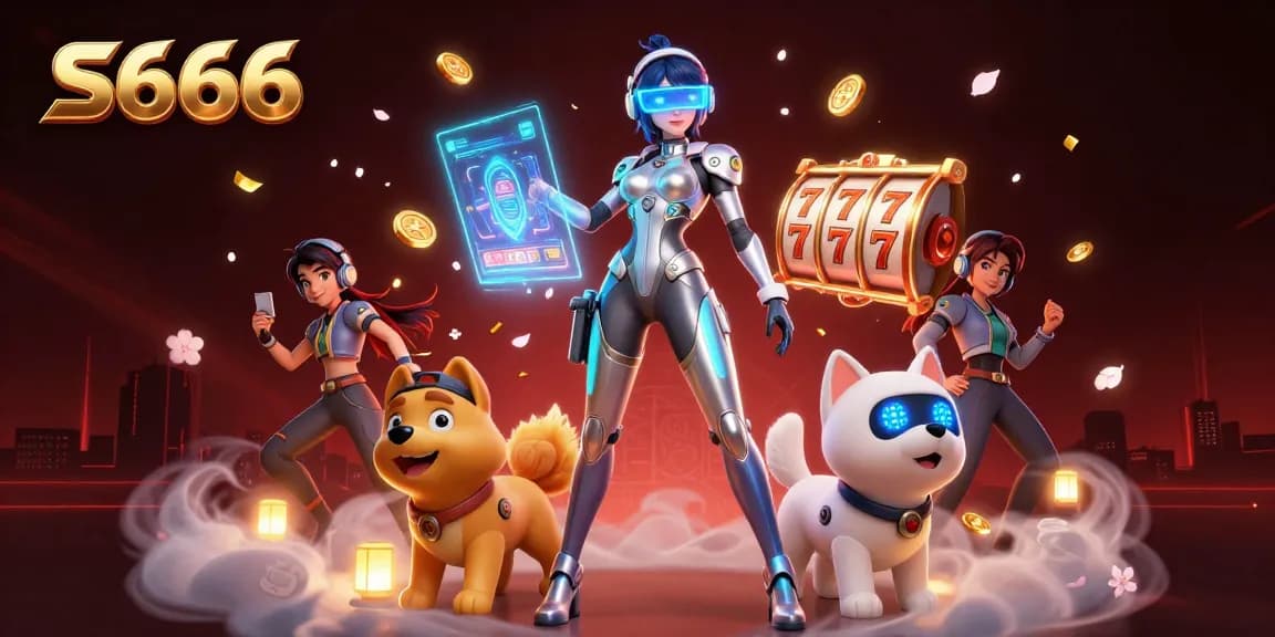 S666 brings lucky slot gaming alive with vibrant visuals of a futuristic woman and robot dog amidst spinning reels.
