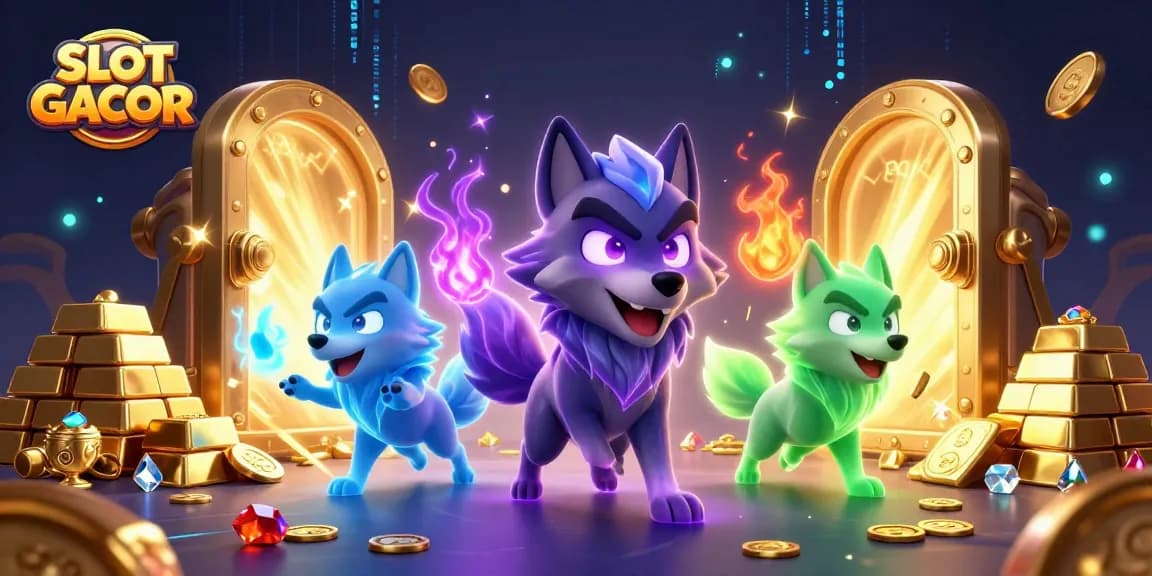 SLOT GACOR captivates players with dynamic scenes of thrilling slot adventures, showcasing vibrant golds and treasures.