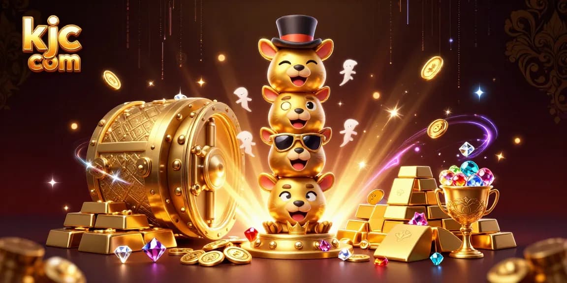 Engage with the vibrant universe of kjc com featuring a golden totem surrounded by treasures and casino elements.
