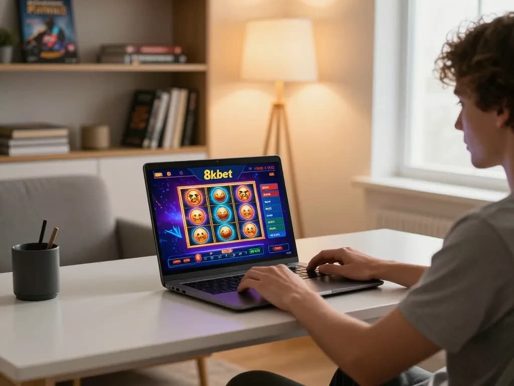 Player engaged in thrilling online gambling on 8kbet, showcasing vibrant casino games on laptop screen