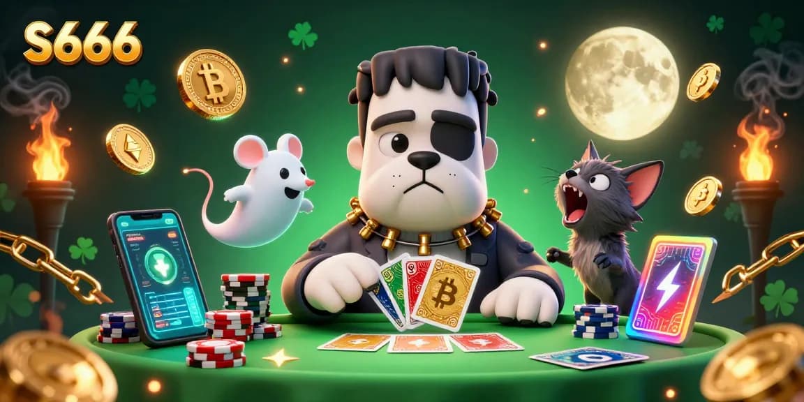 S666 offers a thrilling card game experience with unique characters at a casino table.