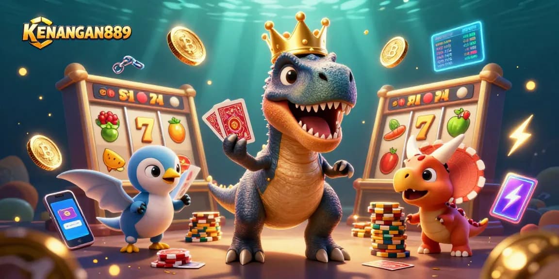 Experience the thrill of winning with KENANGAN889, featuring casino-themed characters and vibrant crypto elements.
