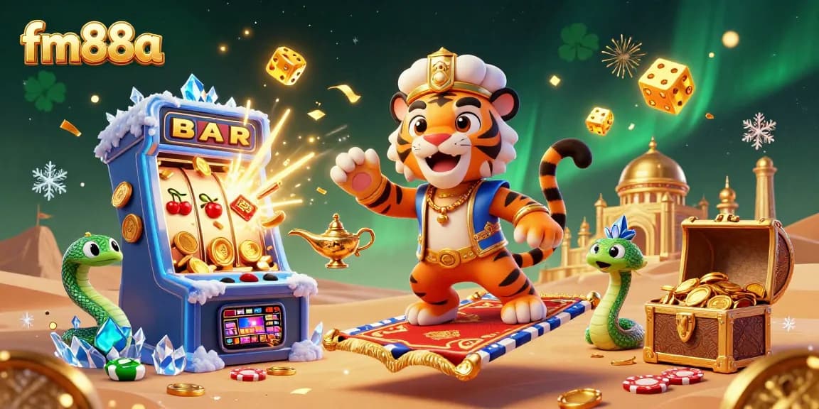 Experience the vibrant casino universe of fm88a with jackpot slot machines and magical characters swirling in excitement.