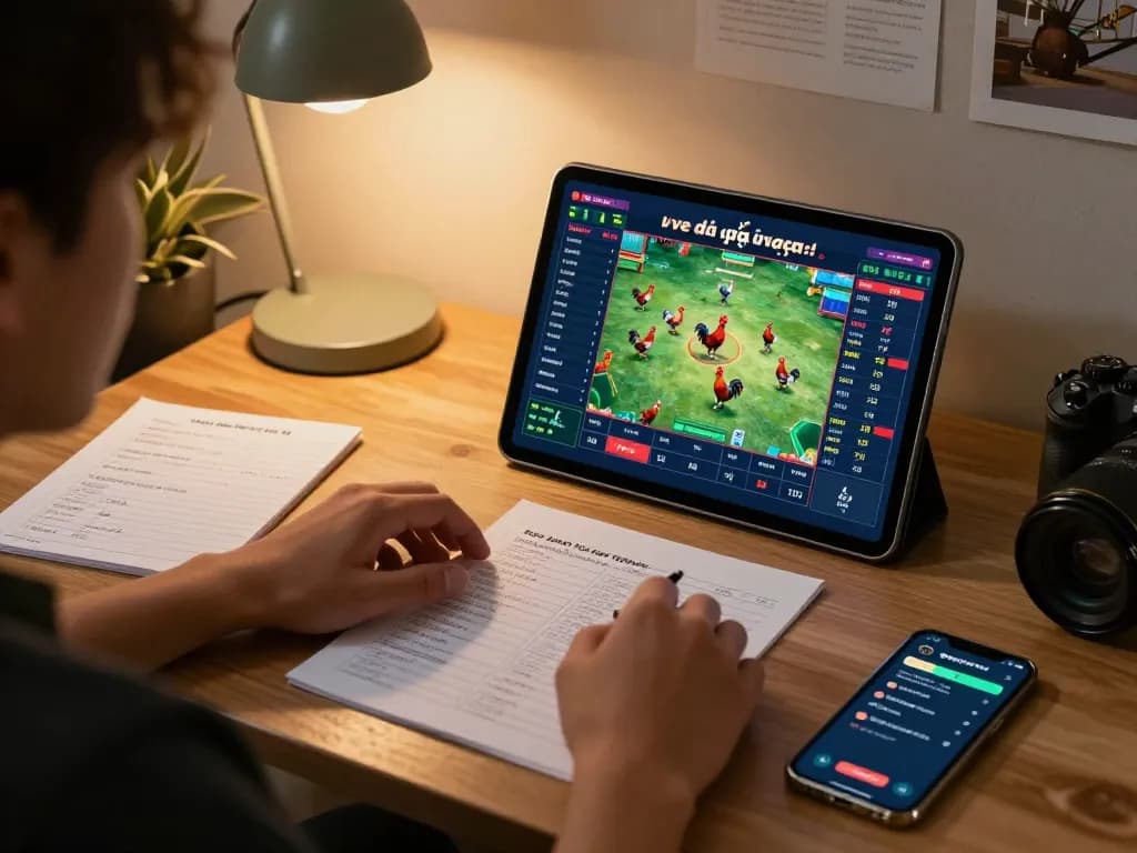 Engaging in đá gà trực tiếp online, showcasing a dynamic betting interface and strategic planning.