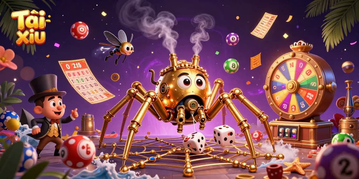 Engage in Tài xỉu gaming with a steampunk-themed immersive scene showcasing a golden spider and playful elements.