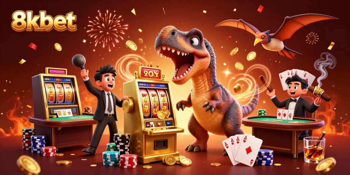 8xbet players winning jackpots as a pachycephalosaurus celebrates in a vibrant casino scene.