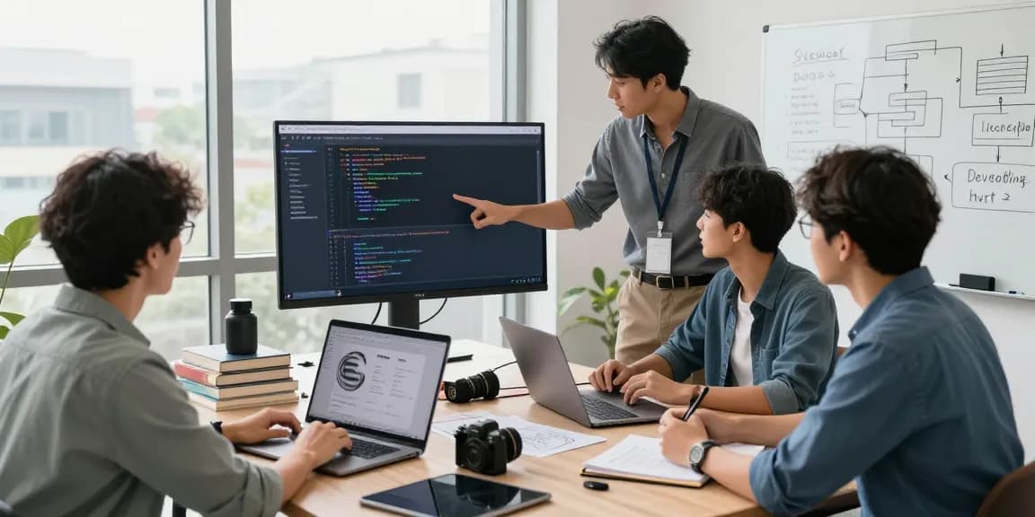 A web development company in Malaysia team collaborating on modern project designs in a vibrant office.
