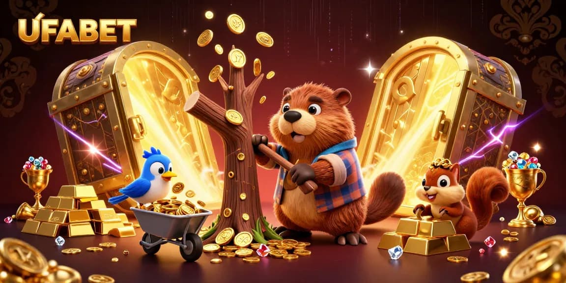 Spin and win on UFABET with a lively illustration of winning characters amidst golden treasure.