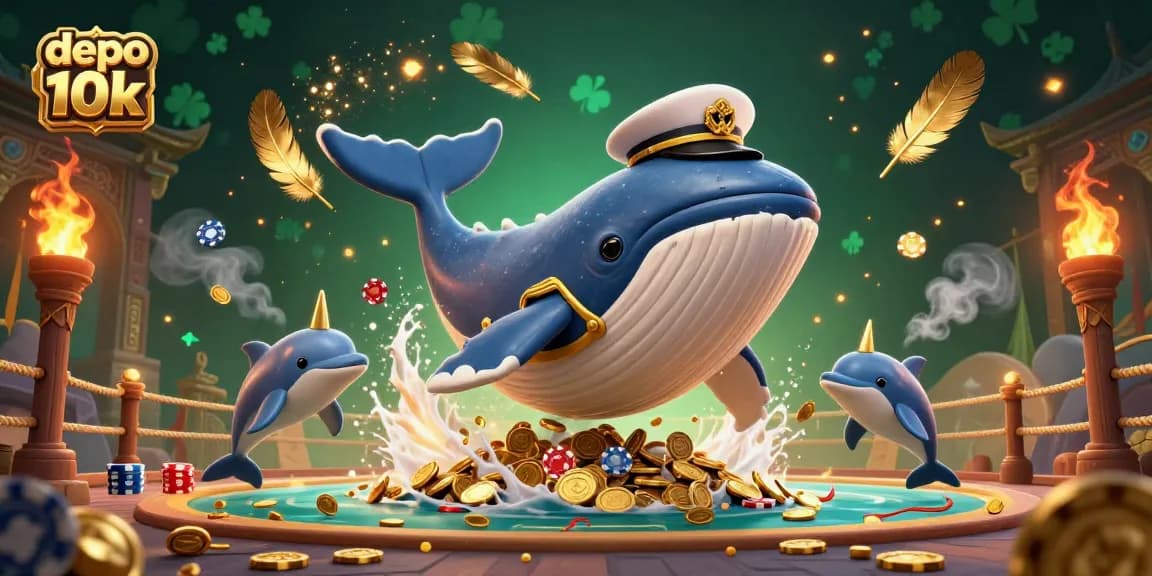 Spin to win with depo 10k while playful dolphins perform tricks amidst a treasure of coins and poker chips.