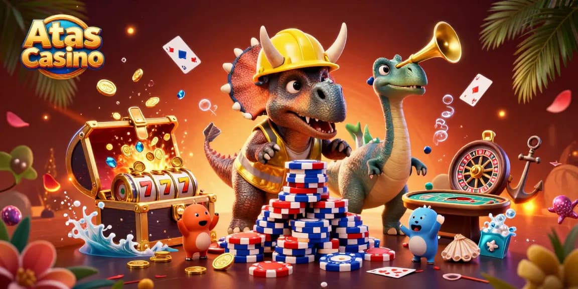 Join the excitement at Atas Casino with a playful scene featuring cheerful characters and vibrant slots.