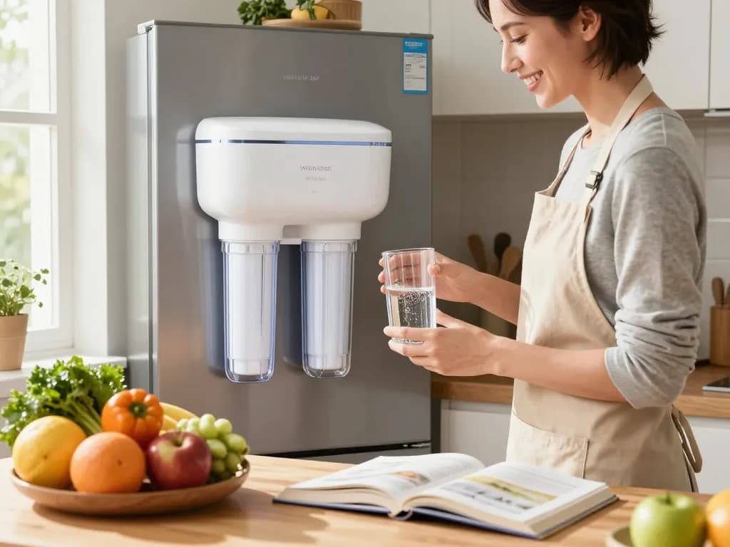 Homeowner filling a glass with Waterdrop Alkaline DA29-00020B Replacement for Samsung® Water Filter HAF-CIN/EXP water in bright kitchen.