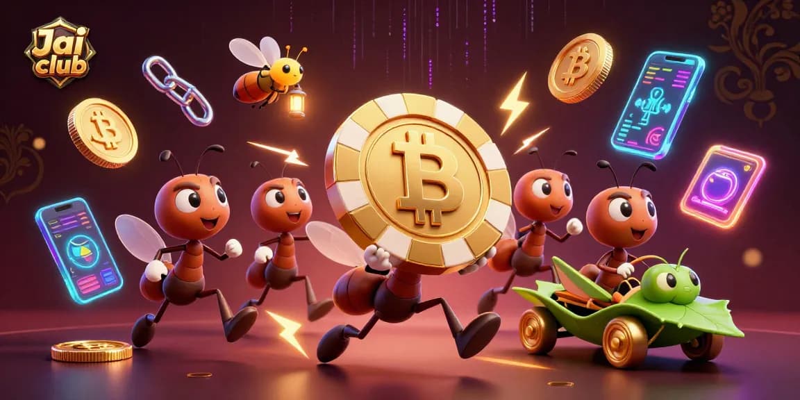 Jai club showcases a heist as ants carry a golden poker chip, with dynamic crypto elements and vibrant colors.