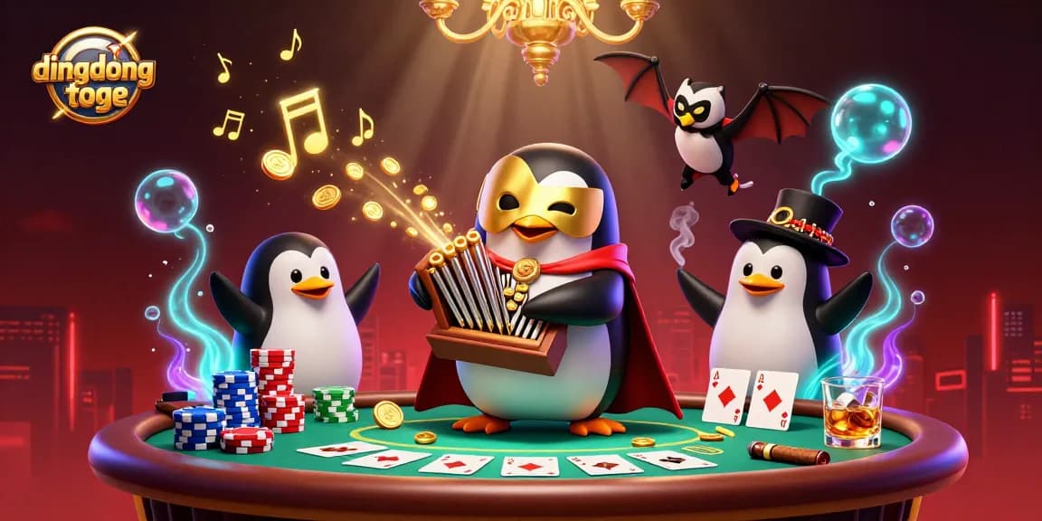 Dingdongtoge showcases a vibrant 3D scene with a unique penguin character amidst an exciting poker setup.