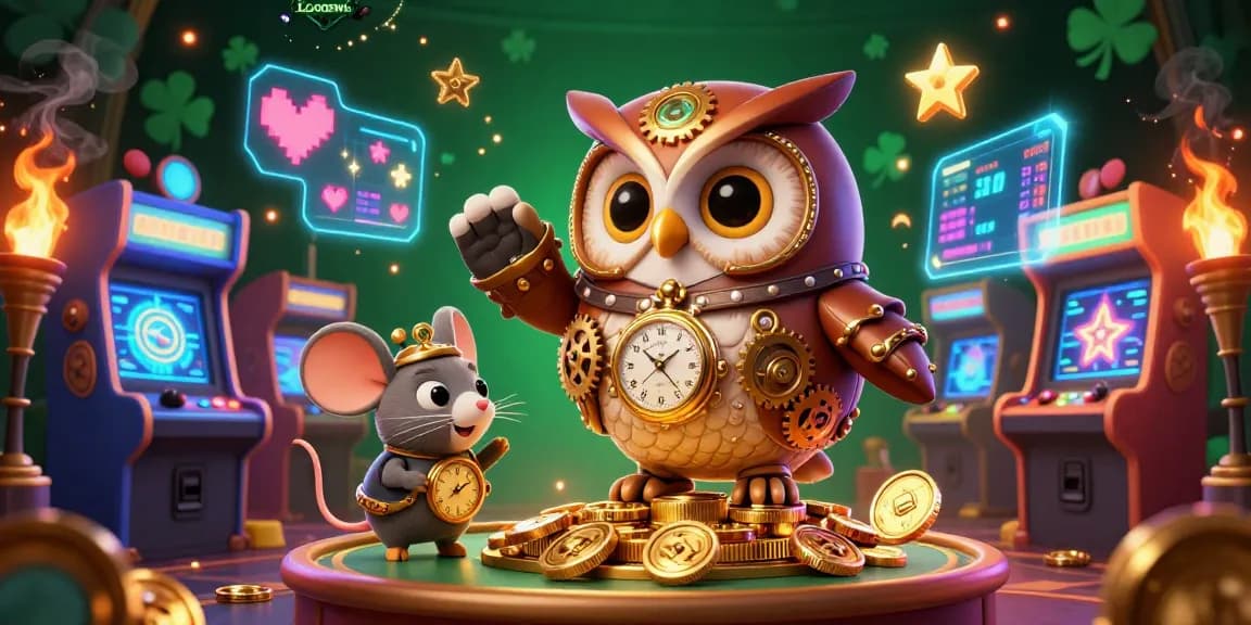 Experience thrilling gameplay with LGODEWA in this vibrant casino scene featuring a time-traveling owl.