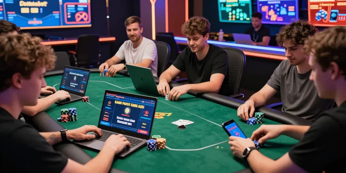 Exciting Game Poker Uang Asli Dominobet online gaming scene with players engaged in a vibrant digital environment.
