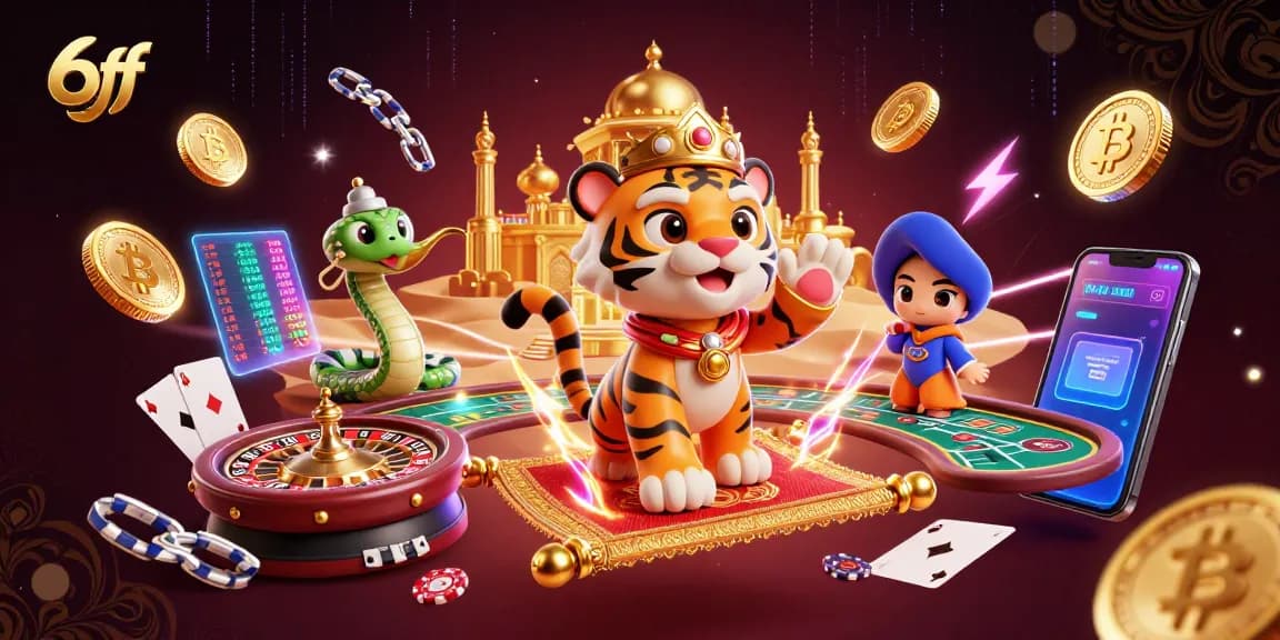 Experience the thrill of 6ff with a vibrant casino scene featuring a tiger sultan, poker chips, and digital elements.