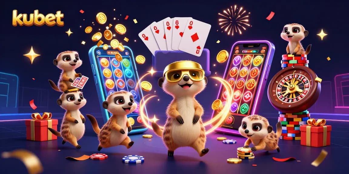 Kubet's dynamic casino scene with meerkats engaging in casino operations, showcasing an exciting gaming atmosphere.