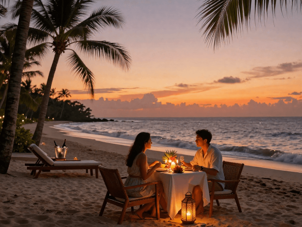 Momen romantis dengan LUXURY111 saat makan malam mewah di pantai pribadi.