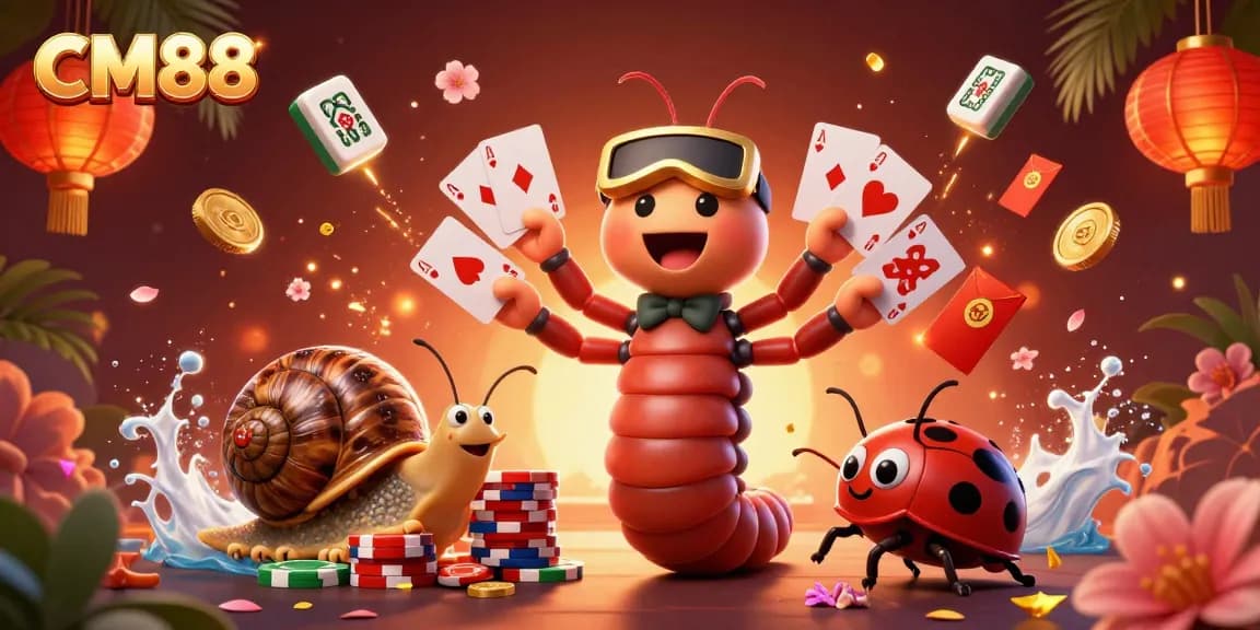 Experience the excitement of CM88 casino with a lively 3D illustration filled with vibrant gaming elements.