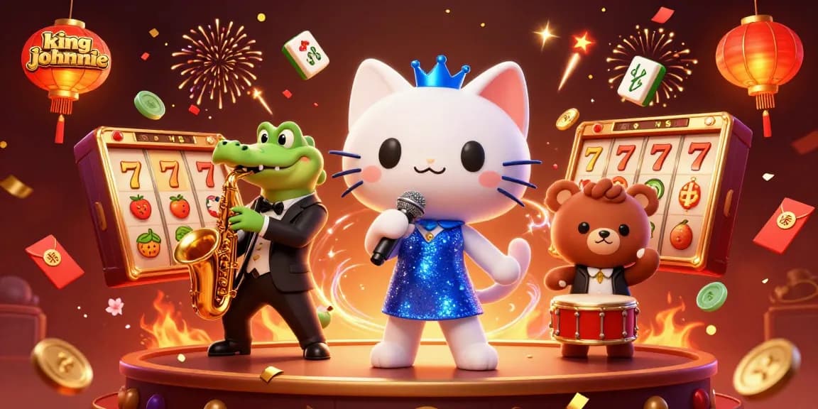 Experience the vibrant world of kingjohnnie with 3D casino characters celebrating amidst slot machines and festive elements.