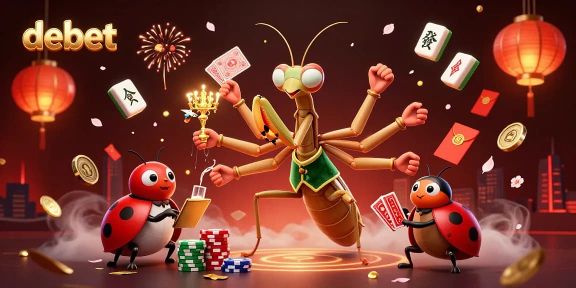 Engage with debet's exciting game scene featuring vibrant casino characters and festive elements.