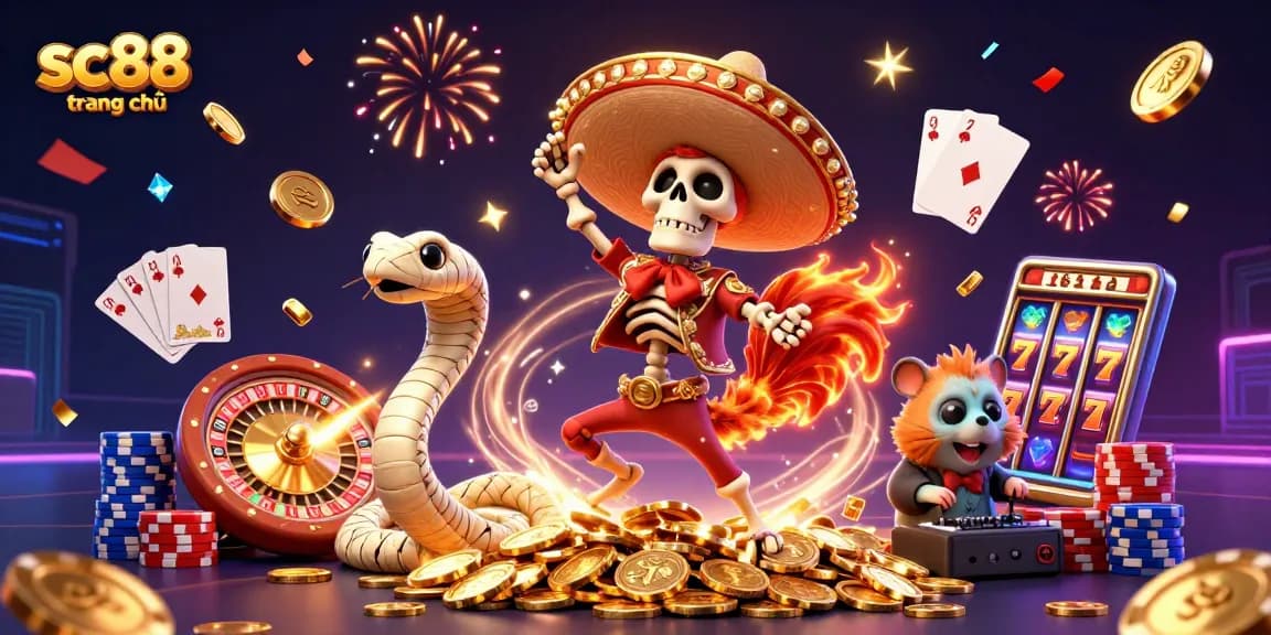 Experience the excitement of sc88 trang chủ with a festive casino-themed scene featuring vibrant 3D characters.