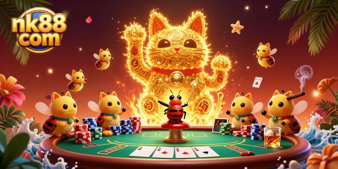 Experience the vibrant world of nk88 com with golden fireflies and poker elements in a whimsical 3D scene