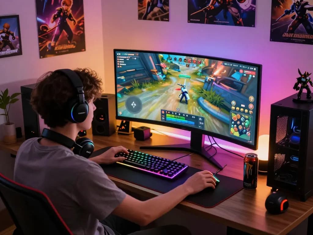 A gamer immersed in online action at ligasedayu.com with vibrant gaming setup and ambient lights.