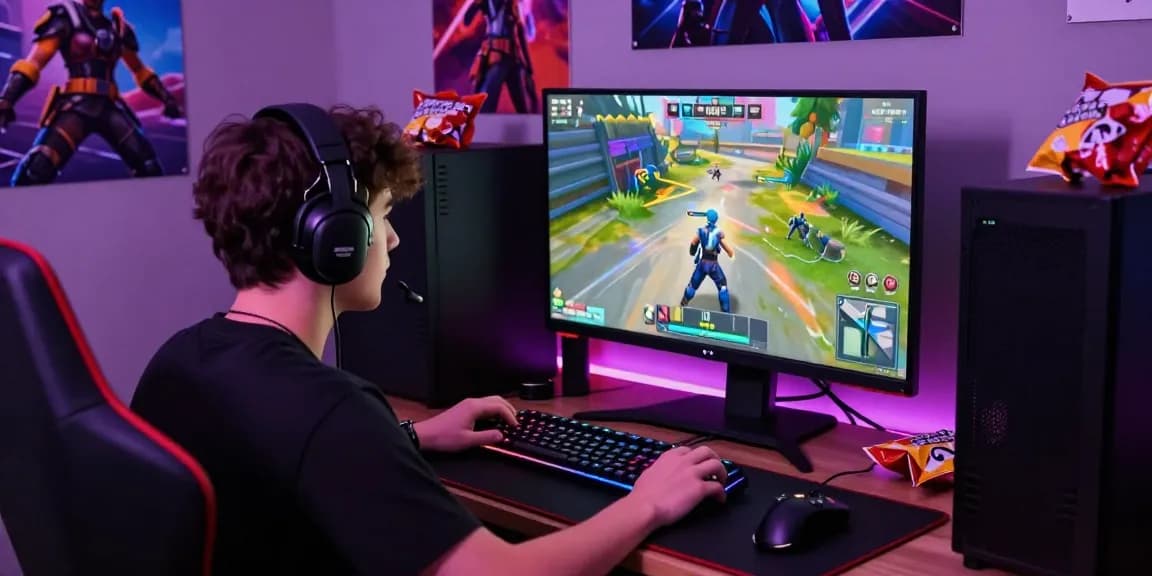 Fortnite Cheat gaming setup with player engaged in an intense match, vibrant graphics on monitor, and gaming accessories.