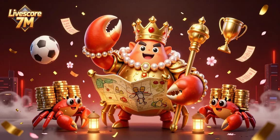 Experience the excitement of Livescore 7M with a vibrant casino illustration featuring a golden crab emperor and sports elements.