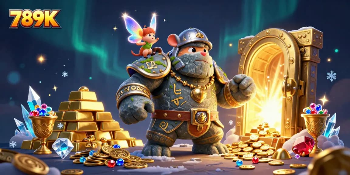 Join the adventure with 789K as the golem guardian and fairy cast magical charms in a casino treasure realm.