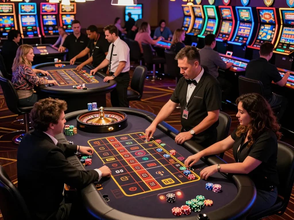 Engaged players placing bets at roulette tables, enhancing their Agen Slot experience in an upscale casino.