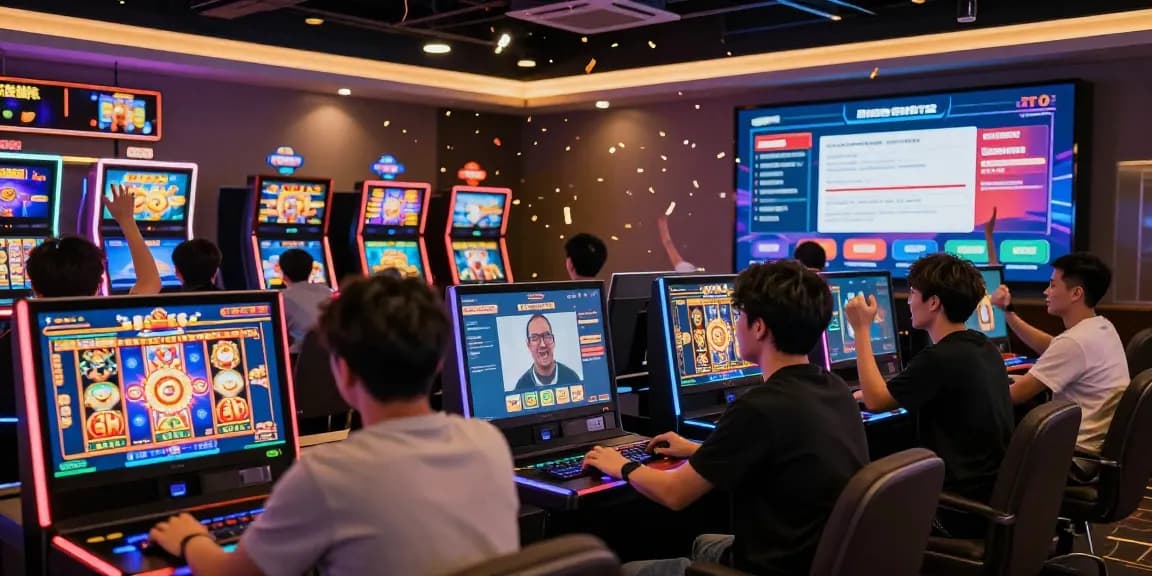 Excited players celebrating big wins on tambakbet online gaming platform with colorful slot machines.