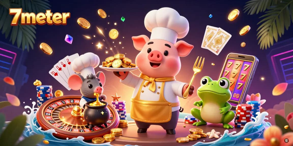 Engage with 7meter's dynamic gambling scene featuring cartoon chef pig serving golden coins.