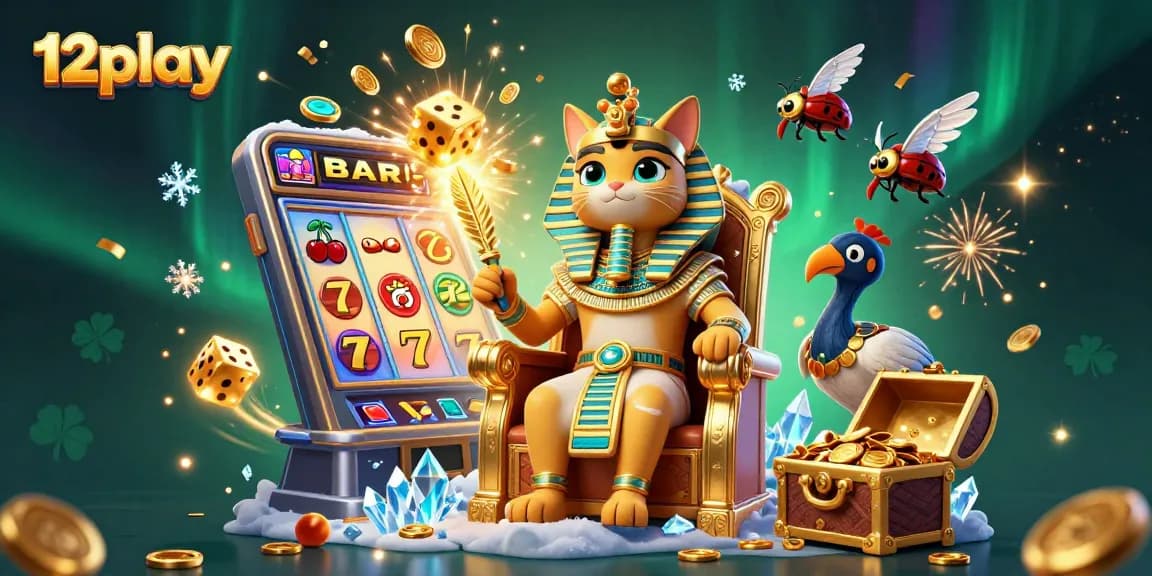 Engage in exciting gaming at 12play with a vibrant scene of a cartoon pharaoh cat, thrilling slots, and dynamic casino elements.