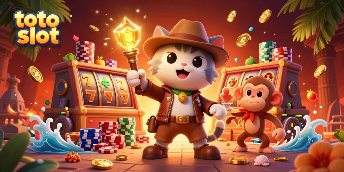 Engage in the thrilling world of toto slot with a 3D explorer cat uncovering treasures surrounded by colorful slot elements.