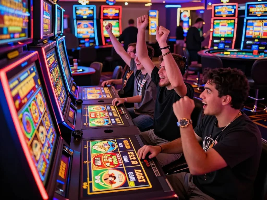 Celebrating a win at IDC88 JOKER's slot machines in a vibrant casino atmosphere.