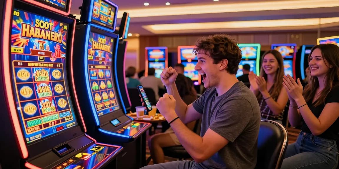 Player celebrating a big win on Slot Habanero in a vibrant online casino setting, showcasing excitement and joy with friends nearby.