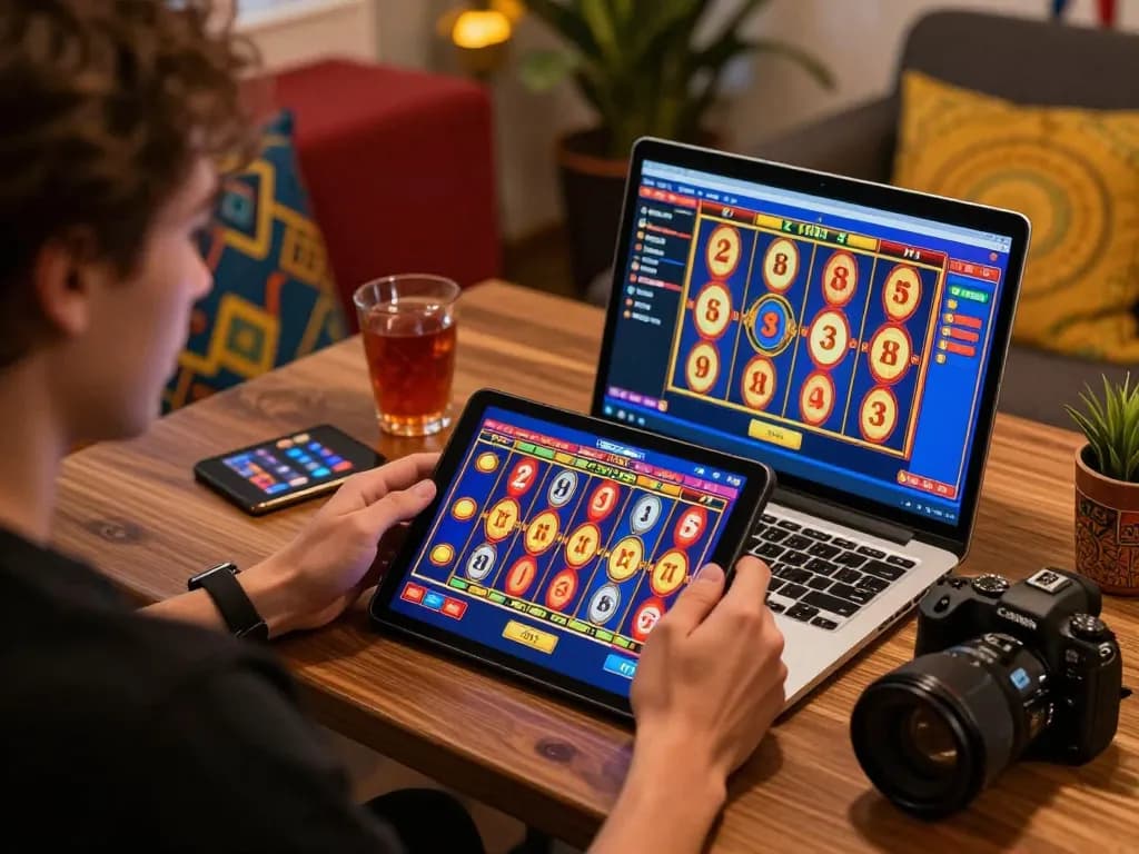 Enjoying an online slot game at vegasslot77 with tablet and warm workspace ambiance.