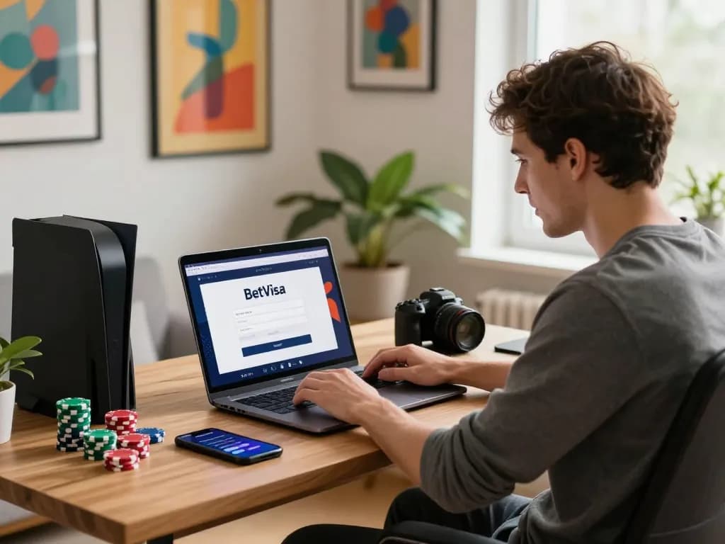 Performing BetVisa login from a modern home office, surrounded by gaming elements, conveying excitement and security.