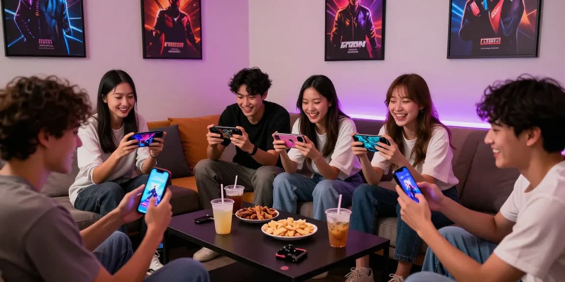 Friends enjoying pkr-888 mobile gaming in a cozy lounge with snacks.