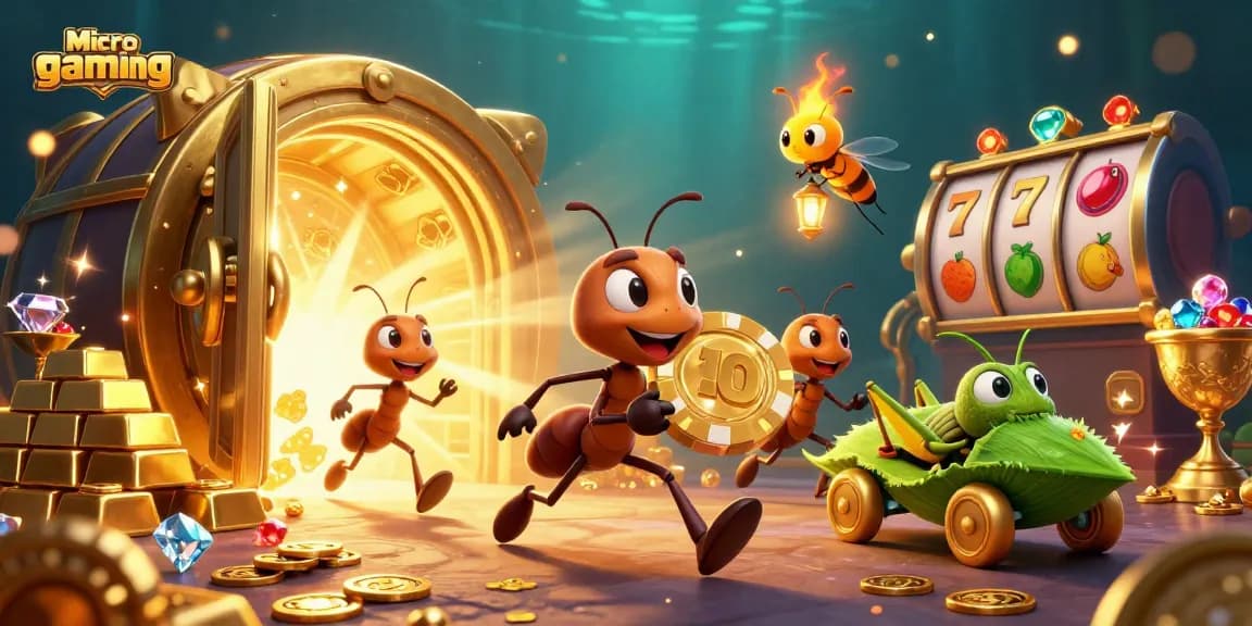 Microgaming menghidupkan permainan slot dengan ant-ant ceria yang beraksi membawa chip poker emas yang besar.